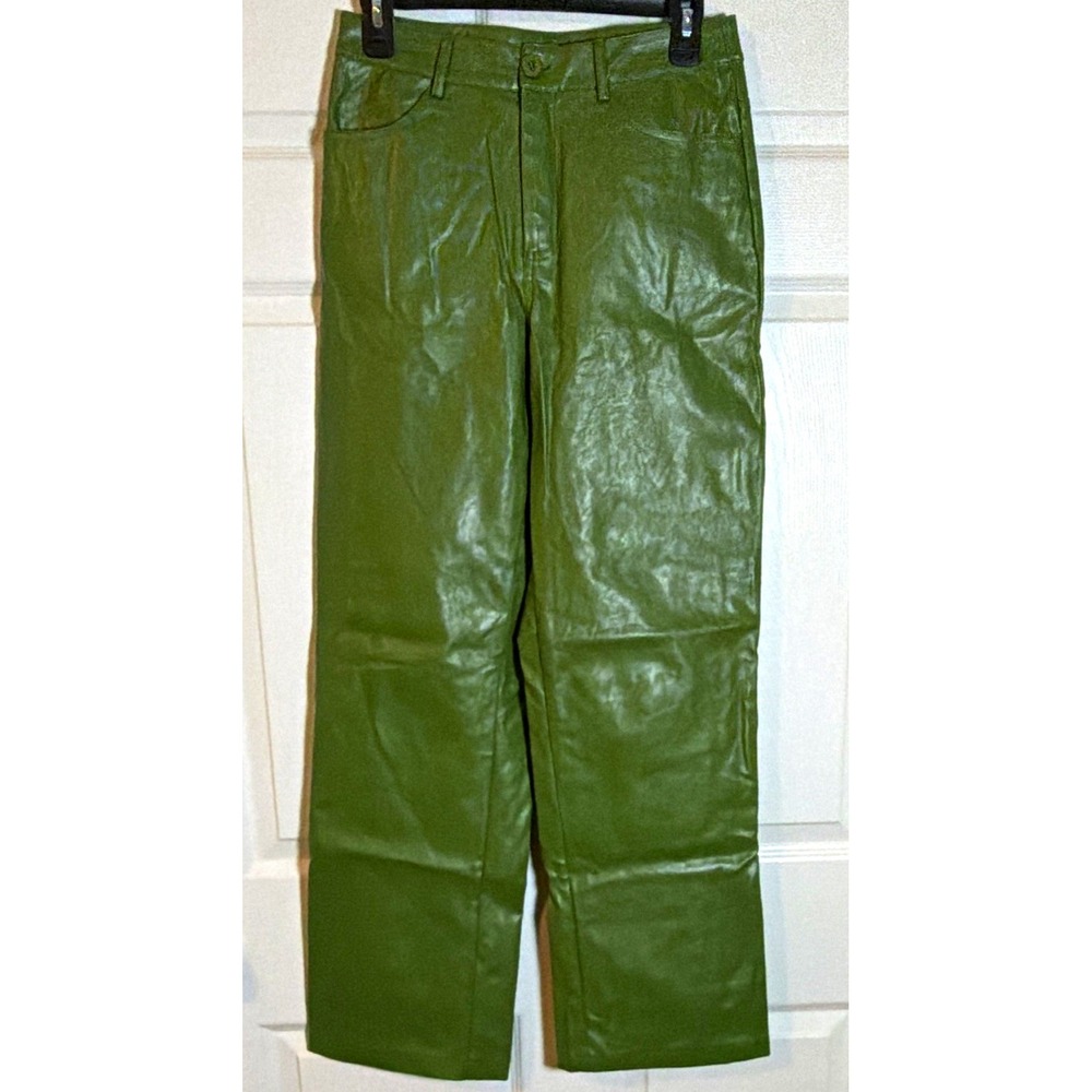 Le Lis Women's Green Polyurethane Rayon Solid Flat Front Pants Pockets Size S